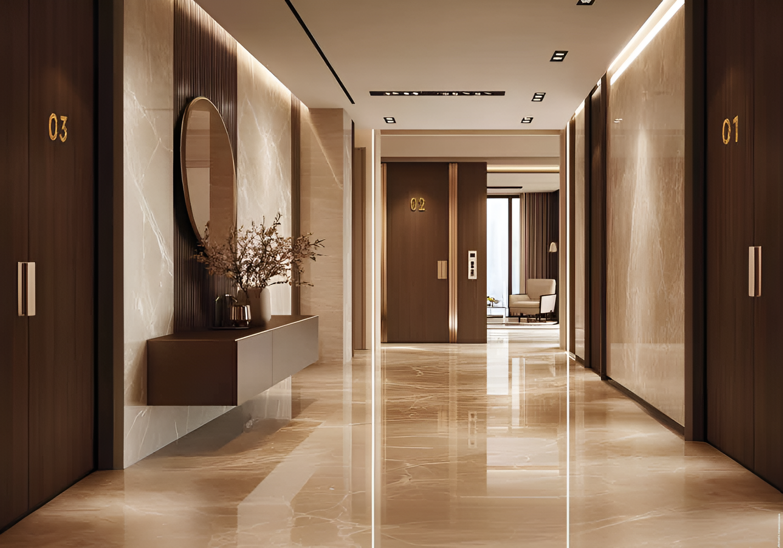 Kumar Vibe Mangrove Bangur Nagar Goregaon West luxury lounge area with refined interiors and elegant corridor design