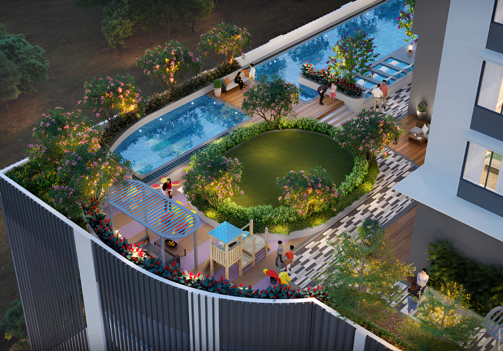 Kumar Vibe Mangrove Bangur Nagar Goregaon West rooftop garden with swimming pool, landscaped greens, and leisure amenities